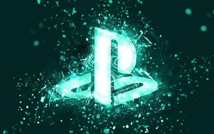 PlayStation turkuaz logo, 4k, turkuaz neon ışıklar, yaratıcı, turkuaz soyut arka plan, PlayStation logosu, PlayStation