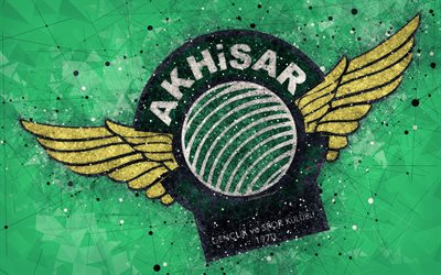Akhisar Belediyespor, 4k, logo, creative art, Turkish football club, geometric art, grunge style, green abstract background, Manisa, Turkey, S&#252;per Lig, football