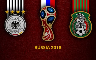 Alemania vs M&#233;xico, 4k, f&#250;tbol, logotipos, 2018 Copa Mundial de la FIFA Rusia 2018, borgo&#241;a textura de cuero, Rusia 2018 logotipo de cup, Alemania, M&#233;xico, los equipos nacionales, juego de f&#250;tbol