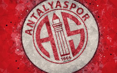 Antalyaspor FC, 4k, logotyp, kreativ konst, Turkish football club, geometriska art, grunge stil, red abstrakt bakgrund, Antalya, Turkiet, Super League, fotboll
