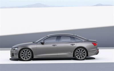 Audi A6, 2019, 4k, exterior, luxury sedan, business class, side view, new gray A6, German cars, Audi