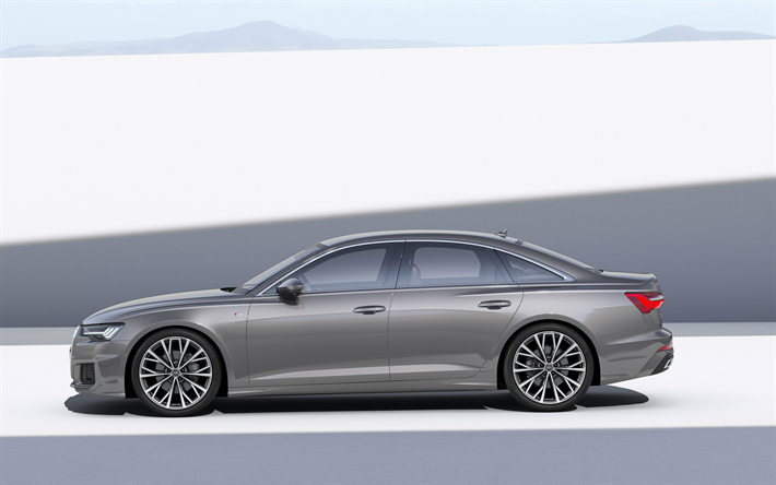 Audi A6, 2019, 4k, ulkoa, luxury sedan, business-luokassa, sivukuva, uusi harmaa A6, Saksan autoja, Audi