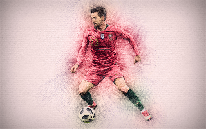 Adrien Silva, 4k, Portugalin jalkapallojoukkue, kuvitus, jalkapallo, jalkapalloilijat, piirustus Adrien Silva, Portugalin Maajoukkueen