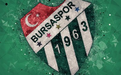Bursaspor, 4k, logo, creative art, Turkish football club, geometric art, grunge style, green abstract background, Bursa, Turkey, S&#252;per Lig, football