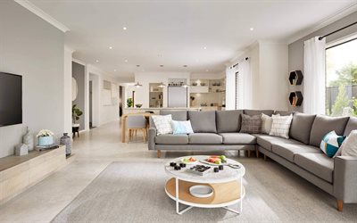 soggiorno, eleganti interni luminosi, open-space, ampio divano grigio, interni dal design moderno
