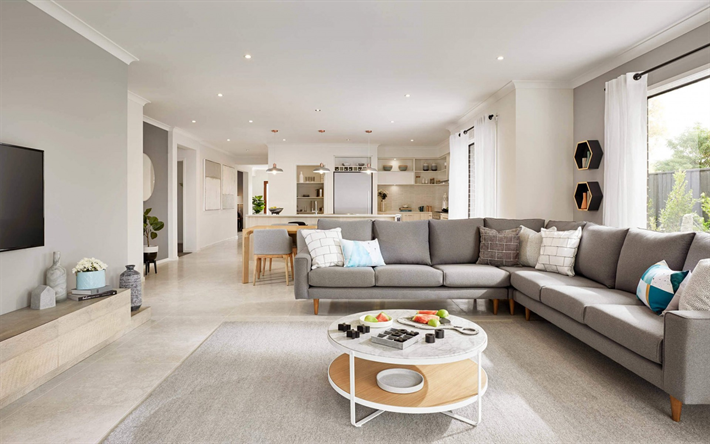 living room, stylish light interior, open space, large gray sofa, modern interior design