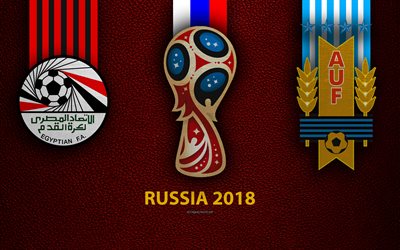 Egypten vs Uruguay, 4k, fotboll, logotyper, FOTBOLLS-Vm 2018, Ryssland 2018, vinr&#246;tt l&#228;der konsistens, Ryssland 2018 logotyp, cup, Egypten, Uruguay, nationella lag, fotboll spel