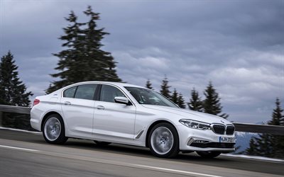 BMW 5-series, 2018, 530e iPerformance, side view, business class, white sedan, exterior, new white BMW 5, German cars, BMW