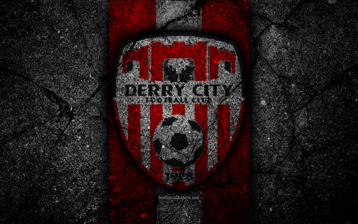 4k, Derry City FC, logotyp, Irland-Premier Division, svart sten, fotboll, Irland, football club, Irl&#228;ndska Premier League, Derry City, IPD, asfalt konsistens, FC Derry City