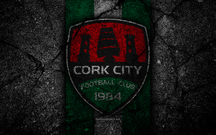 4k, Cork City FC, logo, Ireland Premier Division, black stone, soccer, Ireland, football club, Irish Premier League, Cork City, IPD, asphalt texture, FC Cork City