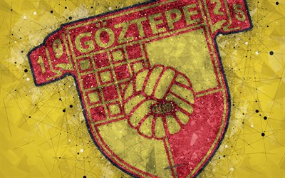 Goztepe SK, 4k, logo, creative art, Turkish football club, geometric art, grunge style, yellow abstract background, Izmir, Turkey, Super Lig, football