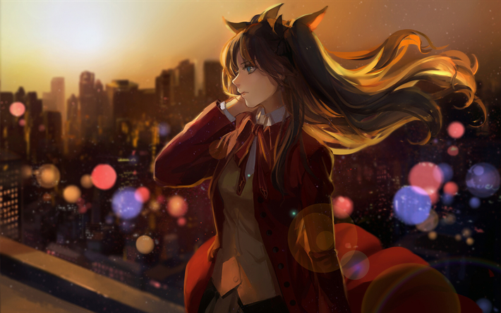 rin tohsaka, bokeh, fate stay night, cityscape, manga, type-moon