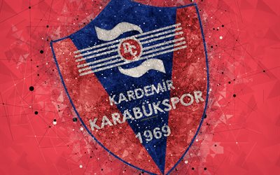 Kardemir Karabukspor, 4k, logo, creative art, Turkish football club, geometric art, grunge style, red abstract background, Karabuk, Turkey, Super Lig, football