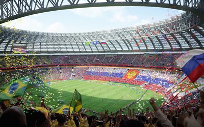 Luzhniki Stadium, 4k, Russian football stadium, 2018 FIFA World Cup, main stadium, Russia 2018, view inside, green football field, fans, stands, sports arena, Khamovniki District, Moscow, Russia