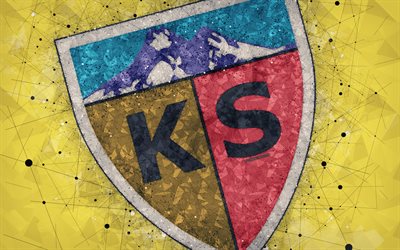 Kayserispor FC, 4k, logo, creative art, Turkish football club, geometric art, grunge style, yellow abstract background, Kayseri, Turkey, Super Lig, football
