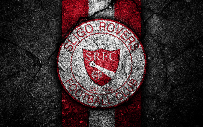 4k, Sligo Rovers FC, logo, Ireland Premier Division, black stone, soccer, Ireland, football club, Irish Premier League, Sligo Rovers, IPD, asphalt texture, FC Sligo Rovers