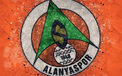 Alanyaspor, 4k, logo, creative art, Turkish football club, geometric art, grunge style, orange abstract background, Alanya, Turkey, Super Lig, football