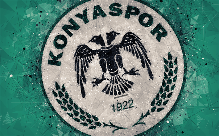 Konyaspor FC, 4k, logo, creative art, Turkish football club, geometric art, grunge style, green abstract background, Konya, Turkey, Super Lig, football