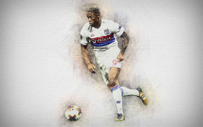 Mariano Diaz, 4k, kuvitus, Olympique Lyon, jalkapallo, Ligue 1, Diaz, jalkapalloilijat, piirustus Mariano Diaz, Lyon FC