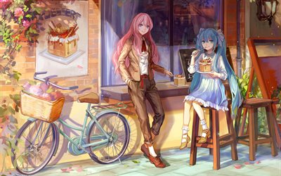 Luka Megurine, Hatsune Miku, cafe, artwork, Vocaloid, manga, Miku Hatsune