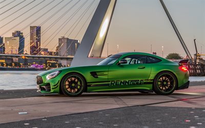 Mercedes-Benz GT R AMG, 2018, RennTech, tuning, side view, green sports coupe, black wheels, supercar, German sports cars, Mercedes