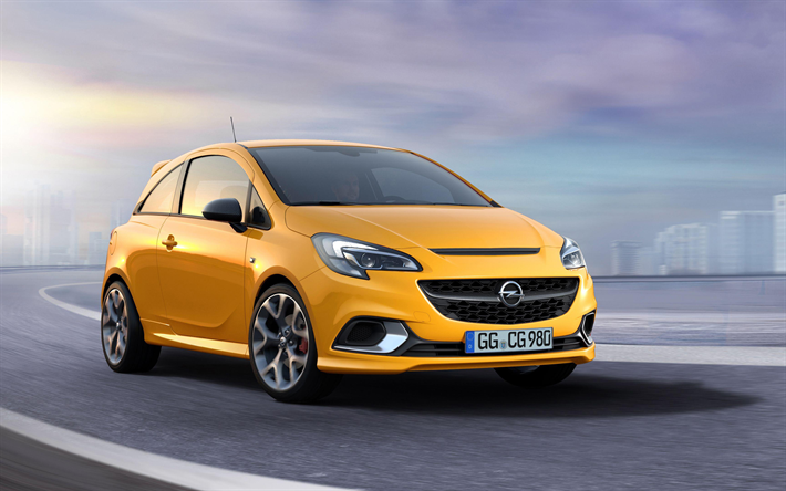 Opel Corsa GSi, 4k, carretera, 2019 coches, Opel Corsa de 3 Puertas, coches alemanes, amarillo Corsa, coches compactos, Opel