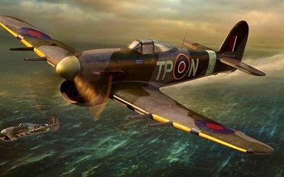 Hawker Typhoon, Royal Air Force, British fighter, art, World of Warplanes, fighter-bomber, WWII