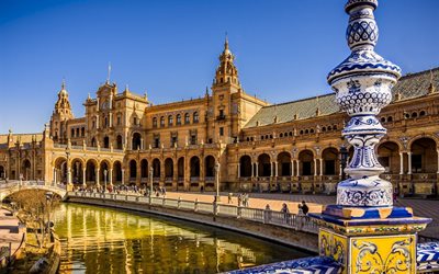 Spain Square, Plaza de Espana, Sevilla, Central building, fountain, Spain, old architecture, Spanish Regionalism, Renaissance Revival