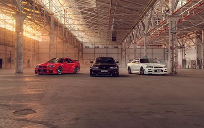 Nissan R34 Nismo, Nissan Skyline, Japanese sports coupe, red R34, white R34, black R34, tuning, garage, Japanese sports car, Nissan