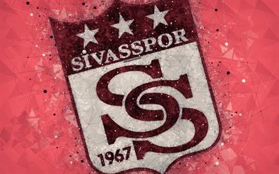 Sivasspor, 4k, logo, creative art, Turkish football club, geometric art, grunge style, red abstract background, Sivas, Turkey, Super Lig, football