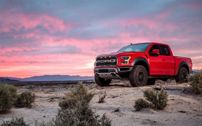 Ford F-150 Raptor, 2019, front view, exterior, sunset, evening, new red F-150, pickup truck, Ford
