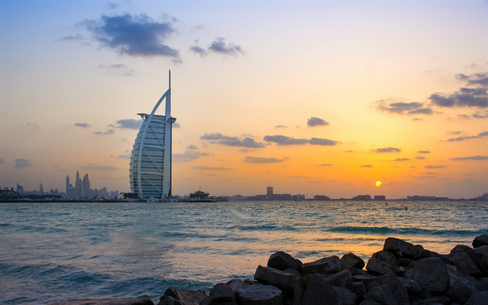 دبي, صباح, شروق الشمس, الإمارات العربية المتحدة, برج العرب, فندق فخم, الشراع, الساحل