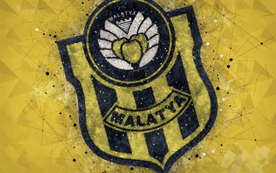 Yeni Malatyaspor, 4k, logo, creativo, arte, squadra di calcio turco, arte geometrica, stile grunge, astratto sfondo giallo, Malatya, Turchia Super Lig, calcio