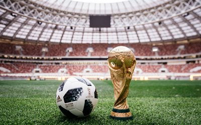 2018 FIFA World Cup, gold cup, 4k, official football ball, Russia 2018, football field, Luzhniki Stadium, football, cup and ball, Soccer World Cup 2018, Moscow, Russia