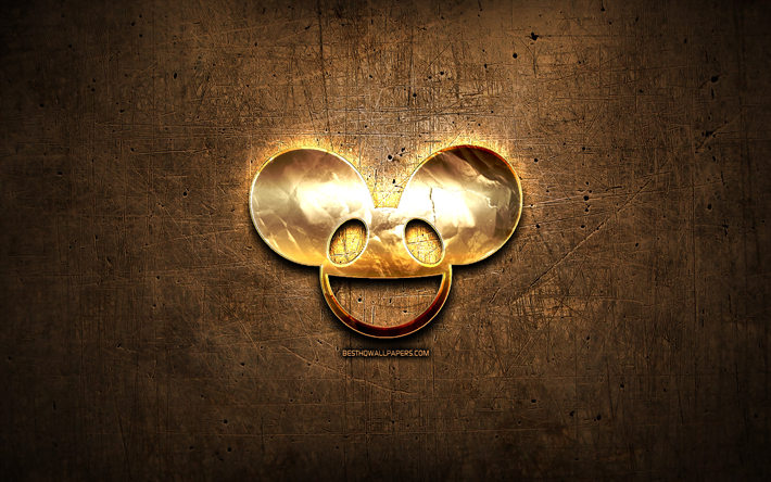 Deadmau5 logo dorato, stelle della musica, marrone, metallo, sfondo, creativo, Deadmau5 logo, marchi, Deadmau5