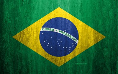 Brezilya bayrağı, 4k, taş arka plan, grunge bayrak, G&#252;ney Amerika, Brezilya bayrak, grunge sanat, ulusal semboller, Brezilya, taş doku