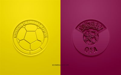 Kolumbia vs Qatar, 3d art, 2019 Copa America, jalkapallo-ottelu, logo, promo-materiaalit, Copa America 2019 Brasilia, CONMEBOL, 3d logot, Kolumbian jalkapallomaajoukkue, Qatar kansallisten jalkapalloliittojen joukkue, Etel&#228;-Amerikassa