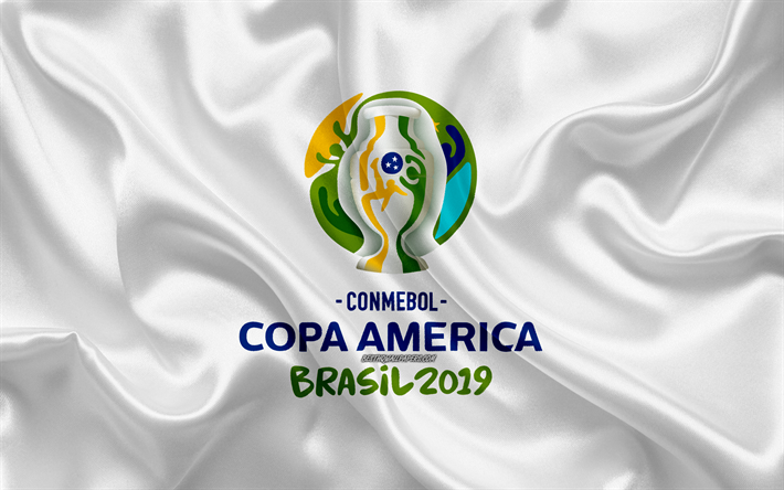 كوبا أمريكا 2019, 4k, شعار, الحرير العلم, نسيج الحرير, اتحاد أمريكا الجنوبية, كوبا أمريكا البرازيل عام 2019, أمريكا الجنوبية