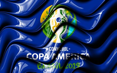 4k, 2019 Copa America, bl&#229; flagg, Conmebol, konstverk, Copa America 2019 Brasilien, Flagga av Copa America 2019, Copa America flagga, 2019 Copa America logotyp