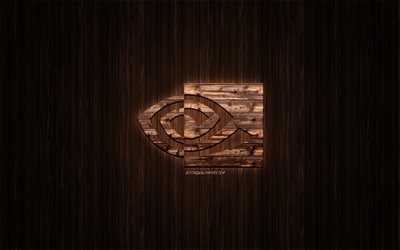 Nvidiaのロゴ, 木製のロゴ, 木の背景, Nvidia, エンブレム, ブランド, 木美術