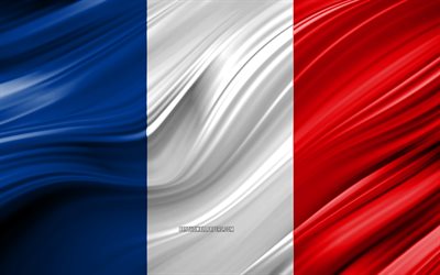 4k, フランス語フラグ, 欧州諸国, 3D波, 旗のフランス, 国立記号, フランスの3Dフラグ, 美術, 欧州, フランス