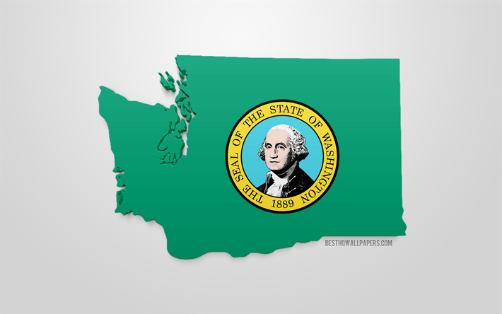 Washington&#39;ın 3d bayrak, harita siluet, ABD Dışişleri, 3d art, Washington, 3d bayrak, AMERİKA, Kuzey Amerika, coğrafya, Washington 3d siluet