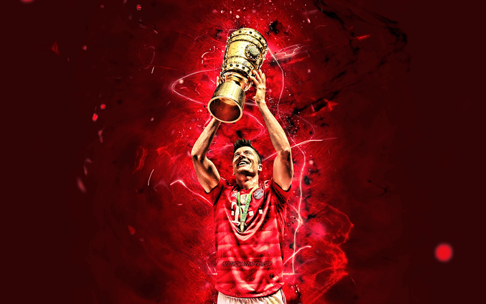 Robert Lewandowski with cup, 2019, Bayern Munich FC, polish footballers, Bundesliga, Robert Lewandowski, soccer, joy, Lewandowski, neon lights, Germany
