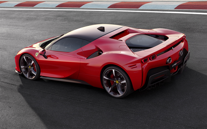 Ferrari SF90 Stradale, 2020, vue de l&#39;arri&#232;re, rouge supercar, rouge SF90 Stradale, des voitures de sport italiennes, Ferrari