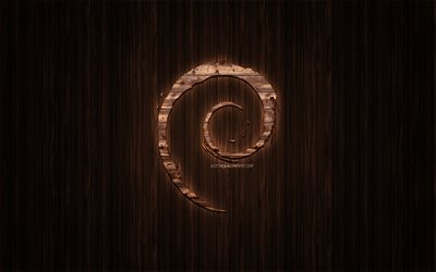 Debian logo, wooden logo, wooden background, Debian, emblem, brands, wooden art