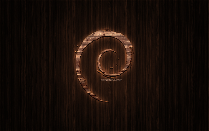 Logotipo de Debian, madeira logotipo, madeira de fundo, Debian, emblema, marcas, arte em madeira
