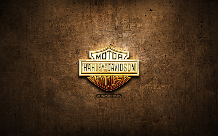 Harley-Davidson altın logo, motosiklet markaları, sanat, kahverengi metal arka plan, yaratıcı, Harley-Davidson logo, marka, Harley-Davidson