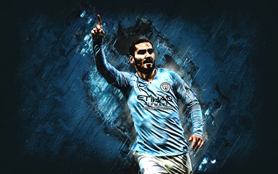 Ilkay Gundogan, Manchester City FC, German footballer, midfielder, portrait, blue stone background, football, Premier League, England