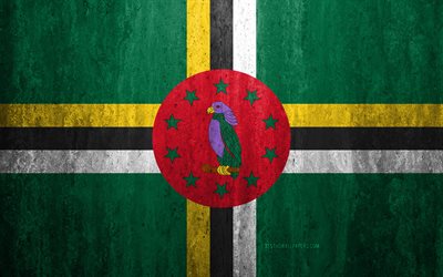 Flag of Dominica, 4k, stone background, grunge flag, North America, Dominica flag, grunge art, national symbols, Dominica, stone texture