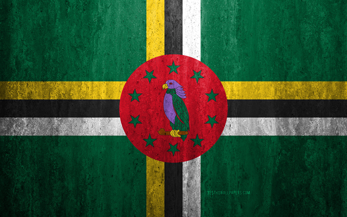 علم دومينيكا, 4k, الحجر الخلفية, الجرونج العلم, أمريكا الشمالية, دومينيكا العلم, الجرونج الفن, الرموز الوطنية, الأحد, الحجر الملمس